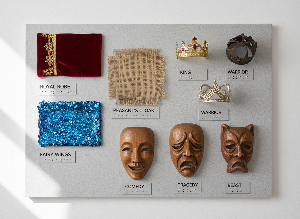 A selection of tactile objects representing theater costumes and props—carefully crafted fabric swatches with varying textures, miniature metallic crowns, and smooth wooden masks—artfully arranged on a structured display board with clear labels in Braille and print. The arrangement is in a bright, well-lit environment with diffused daylight entering from one side, casting gentle, natural highlights. The balanced, rule-of-thirds composition ensures every object is clearly shown and accessible, with the tactile elements in sharp focus against a neutral, unadorned backdrop. The mood is one of discovery and inclusivity, highlighting accessible artistry through a photographic, modern corporate style.