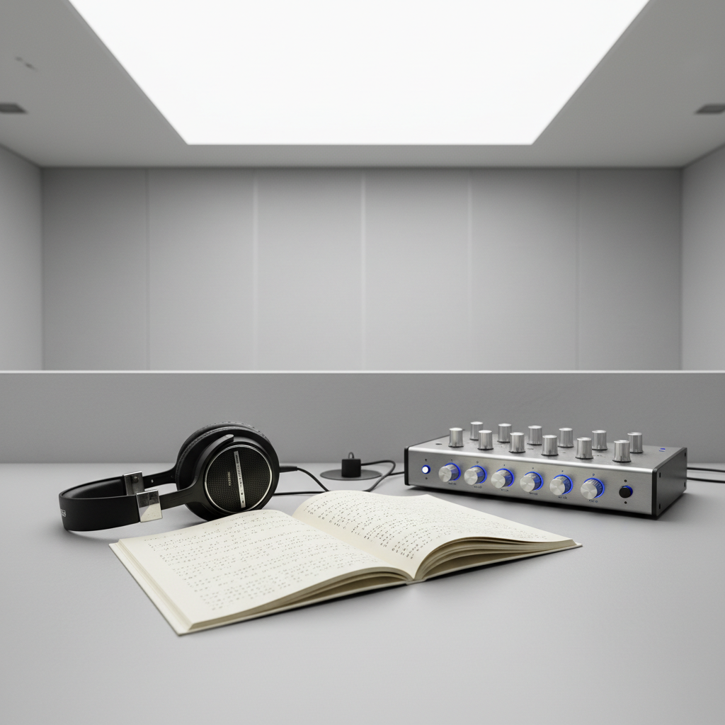 A meticulously organized workstation featuring high-quality over-ear headphones, an open tactile theater script in Braille on smooth cream paper, and a professional audio interface with sleek metallic dials, all resting on a pristine, matte-finished desk in neutral tones. This workspace is set in a quiet, modern room with subtly textured light gray walls and balanced ambient lighting that casts soft, even illumination, eliminating harsh shadows. Photographed at eye-level with a centered, balanced composition, this image conveys precision and focus, embodying the technical sophistication and structured workflow of live audiodescription. The overall aesthetic is clean, orderly, and corporate, aligning with the site's professional mission.