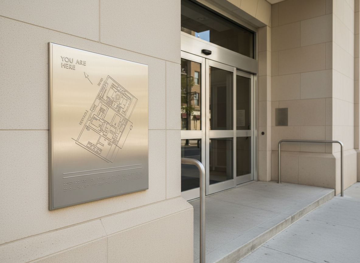 A crisp, architectural detail shot of a classic theater entrance equipped with modern accessibility features: a sleek tactile map affixed beside the entrance, embossed in neutral-toned metal and clearly labeled in Braille and raised text. The clean stone facade and automatic door are illuminated by even, natural daylight, enhancing textures and promoting an inviting yet professional atmosphere. Captured at an oblique angle to emphasize the tactile map and structured lines of the facade, the composition is well-balanced and uncluttered, underscoring the organization's commitment to accessible, barrier-free cultural spaces in a photographic, minimalist style.